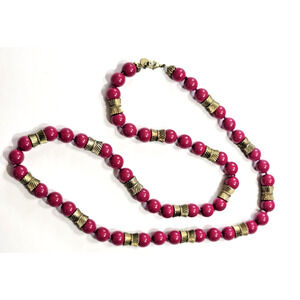 Vtg Talbots Fuchsia Bead Necklace Goldtone Fan Stations Hand Knotted Retro Boho